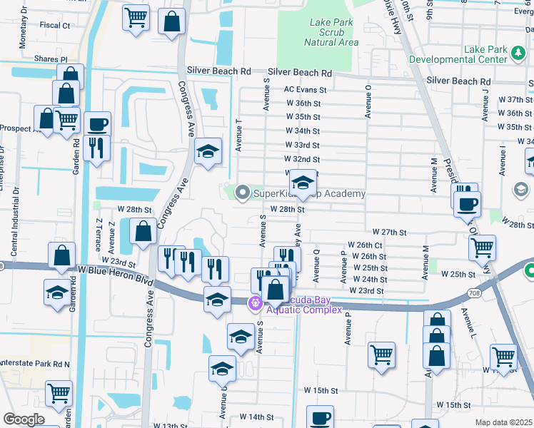 map of restaurants, bars, coffee shops, grocery stores, and more near 2830 Avenue S in Riviera Beach