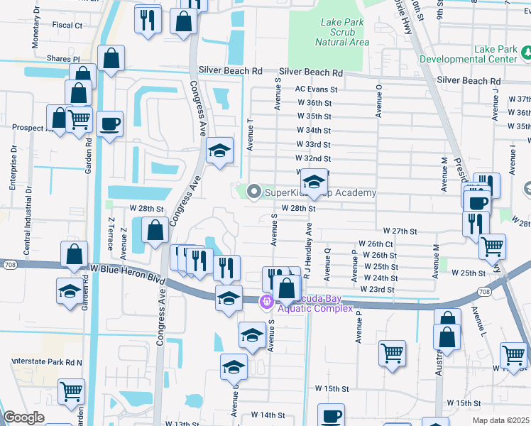 map of restaurants, bars, coffee shops, grocery stores, and more near 2830 Avenue S in Riviera Beach