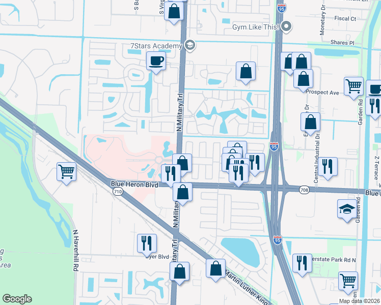 map of restaurants, bars, coffee shops, grocery stores, and more near 4425 73rd Lane North in Riviera Beach