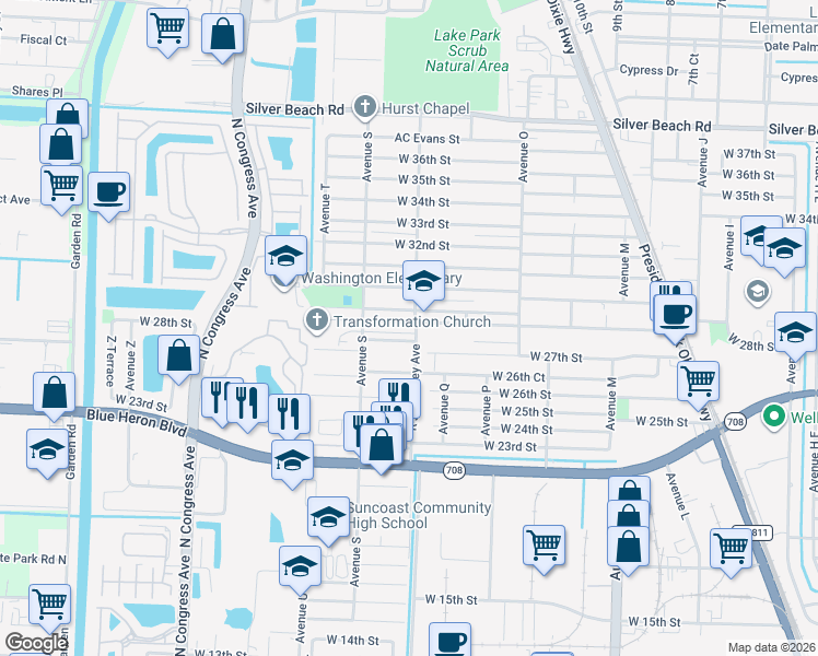 map of restaurants, bars, coffee shops, grocery stores, and more near 2830 Avenue R in Riviera Beach