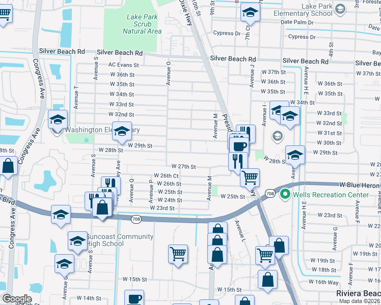 map of restaurants, bars, coffee shops, grocery stores, and more near 2327 Avenue North in Riviera Beach