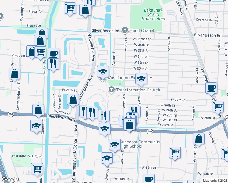 map of restaurants, bars, coffee shops, grocery stores, and more near 2831 Avenue S in Riviera Beach