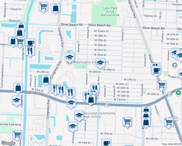 map of restaurants, bars, coffee shops, grocery stores, and more near 2830 Avenue S in Riviera Beach