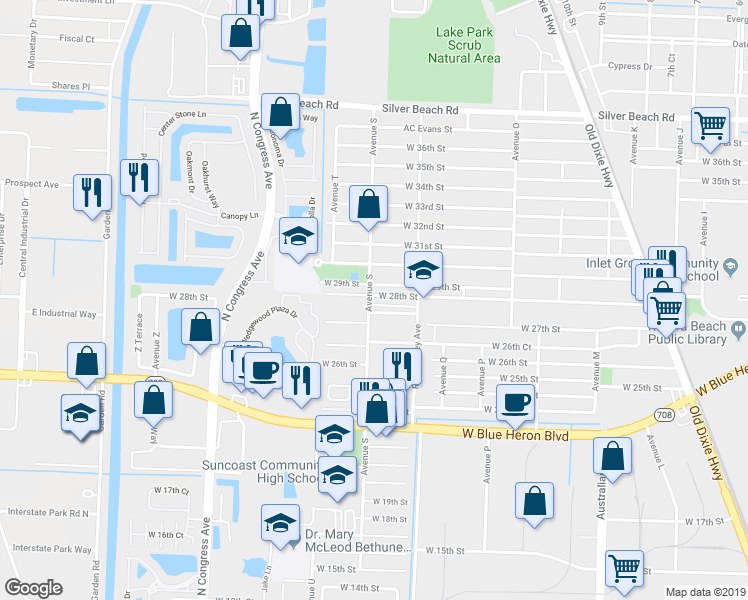 map of restaurants, bars, coffee shops, grocery stores, and more near 2830 Avenue S in Riviera Beach