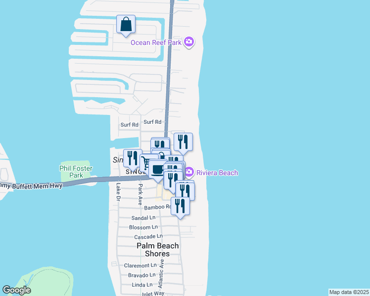map of restaurants, bars, coffee shops, grocery stores, and more near 2800 North Ocean Drive in Riviera Beach