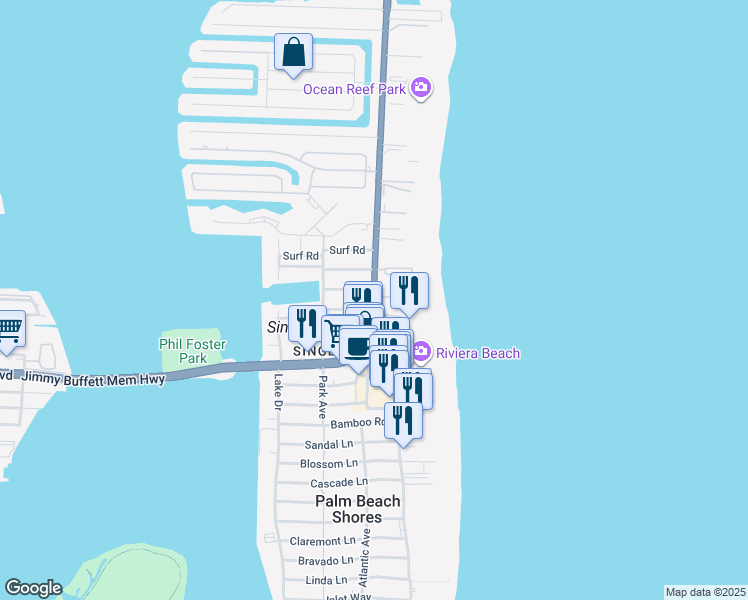 map of restaurants, bars, coffee shops, grocery stores, and more near 1271 South Harbor Drive in Riviera Beach