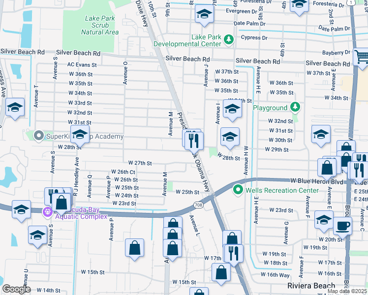 map of restaurants, bars, coffee shops, grocery stores, and more near 2755 Old Dixie Highway in Riviera Beach