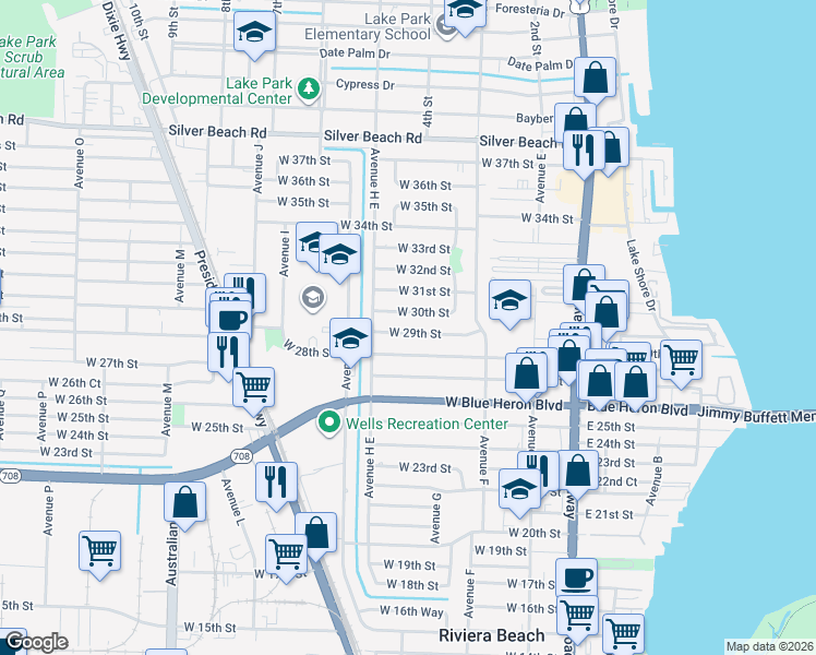 map of restaurants, bars, coffee shops, grocery stores, and more near 370 West 29th Street in West Palm Beach