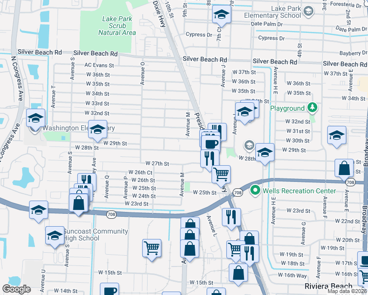 map of restaurants, bars, coffee shops, grocery stores, and more near 1069 West 28th Street in West Palm Beach