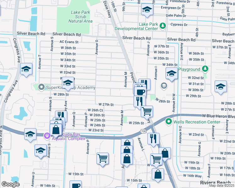 map of restaurants, bars, coffee shops, grocery stores, and more near 1104 West 27th Street in West Palm Beach