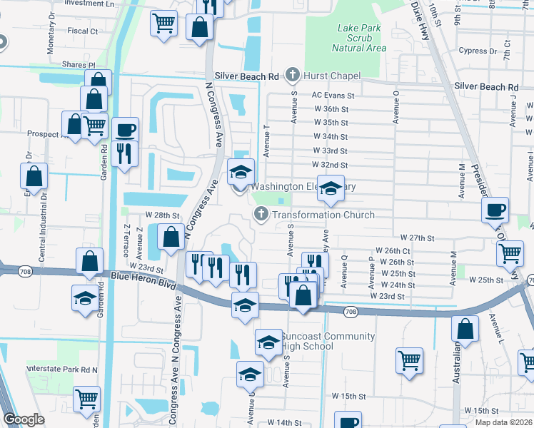 map of restaurants, bars, coffee shops, grocery stores, and more near 2831 Avenue S in Riviera Beach