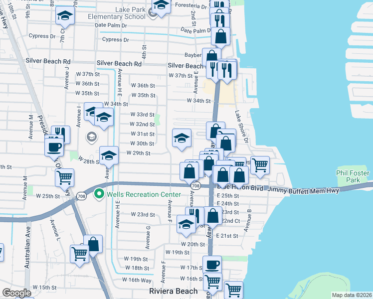 map of restaurants, bars, coffee shops, grocery stores, and more near 2701 Avenue East in Riviera Beach
