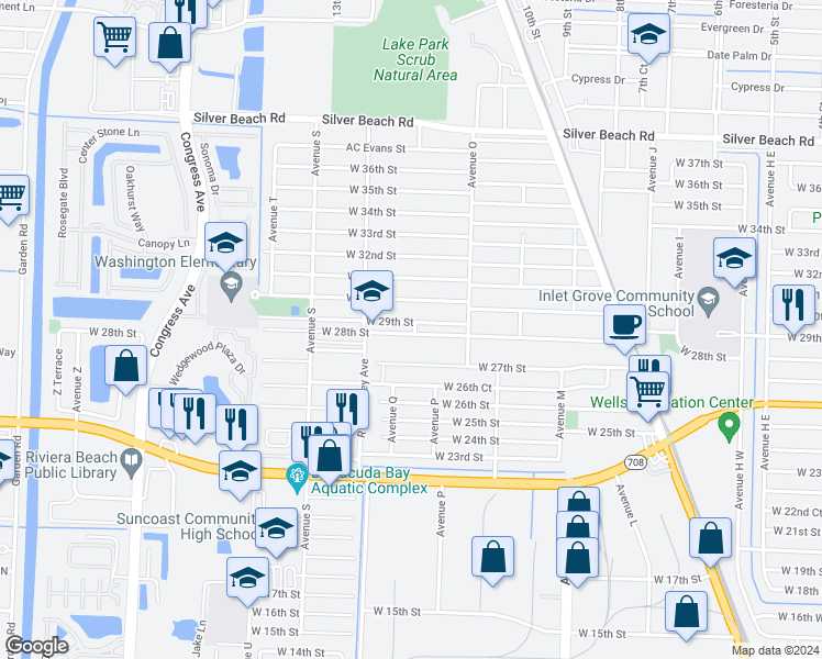 map of restaurants, bars, coffee shops, grocery stores, and more near 1400 West 28th Street in Riviera Beach