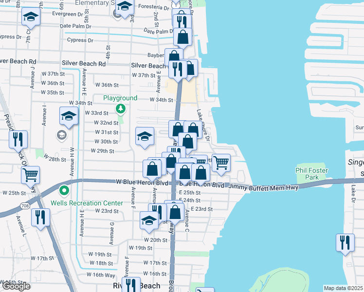 map of restaurants, bars, coffee shops, grocery stores, and more near 29 Helen Court in Riviera Beach