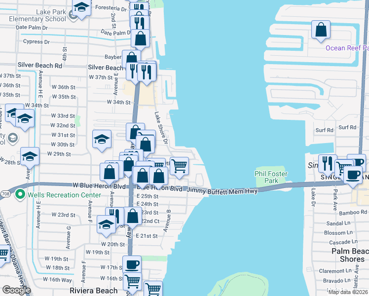 map of restaurants, bars, coffee shops, grocery stores, and more near 410 Wilma Circle in West Palm Beach