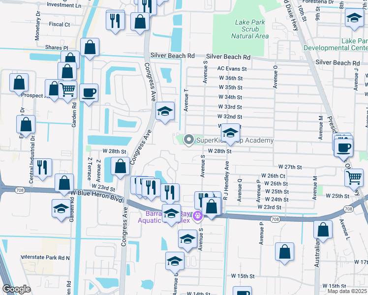 map of restaurants, bars, coffee shops, grocery stores, and more near 1651 West 29th Street in West Palm Beach