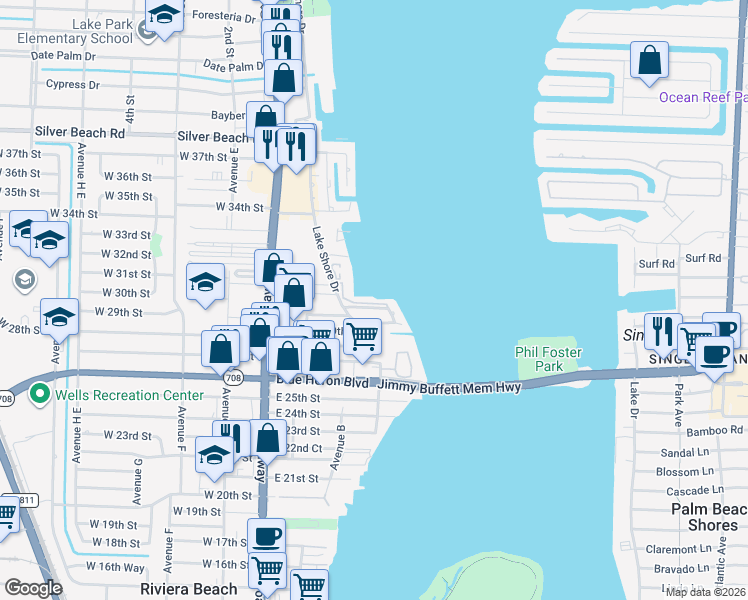 map of restaurants, bars, coffee shops, grocery stores, and more near 410 Wilma Circle in West Palm Beach