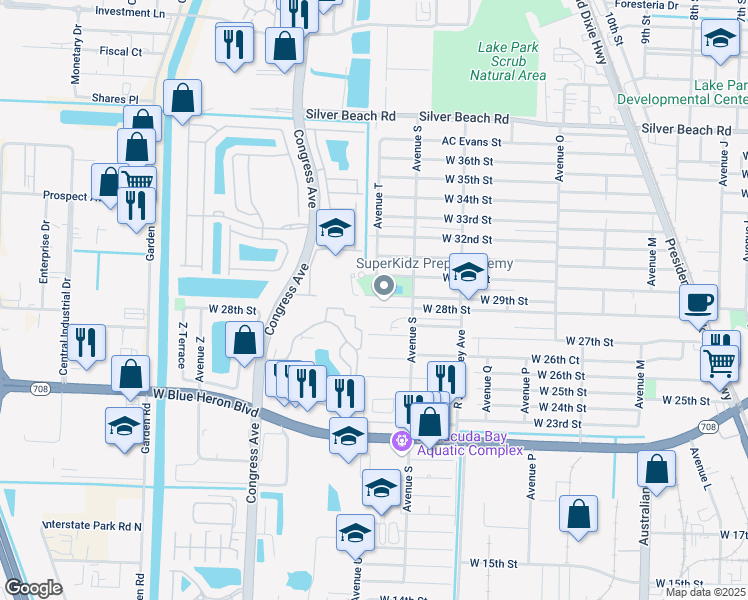 map of restaurants, bars, coffee shops, grocery stores, and more near 1681 West 29th Street in West Palm Beach