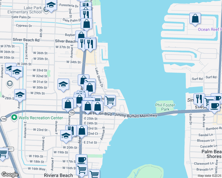 map of restaurants, bars, coffee shops, grocery stores, and more near 410 Wilma Circle in West Palm Beach