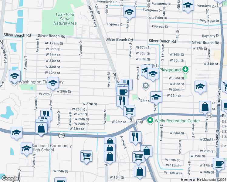 map of restaurants, bars, coffee shops, grocery stores, and more near 1068 West 30th Street in West Palm Beach