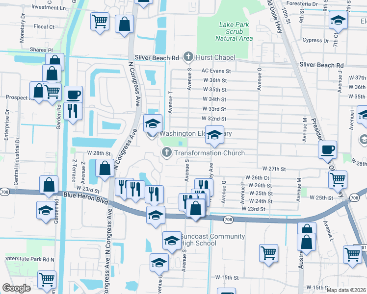 map of restaurants, bars, coffee shops, grocery stores, and more near 2940 Avenue S in West Palm Beach