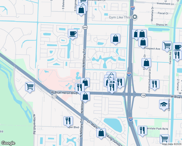 map of restaurants, bars, coffee shops, grocery stores, and more near 4429 74th Road North in West Palm Beach