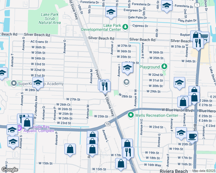 map of restaurants, bars, coffee shops, grocery stores, and more near 3021 1/2 Avenue J in Riviera Beach