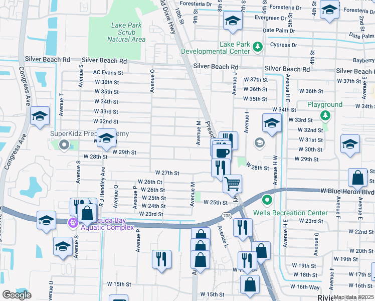 map of restaurants, bars, coffee shops, grocery stores, and more near 1148 West 30th Street in Riviera Beach