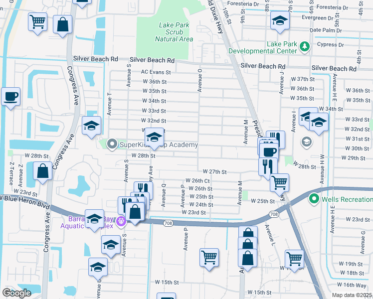 map of restaurants, bars, coffee shops, grocery stores, and more near 1340 West 29th Street in West Palm Beach
