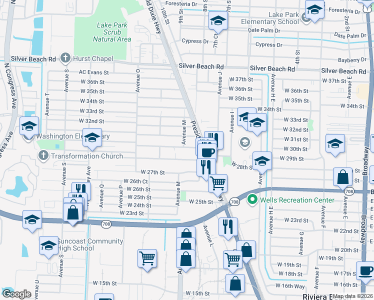 map of restaurants, bars, coffee shops, grocery stores, and more near 1068 West 30th Street in West Palm Beach