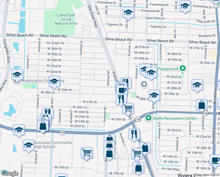 map of restaurants, bars, coffee shops, grocery stores, and more near 1068 West 30th Street in West Palm Beach