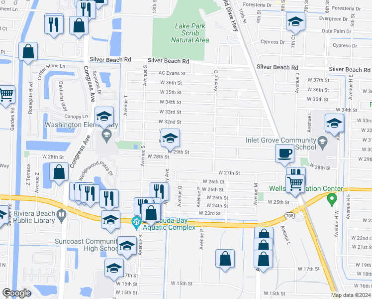 map of restaurants, bars, coffee shops, grocery stores, and more near 1412 West 29th Street in West Palm Beach