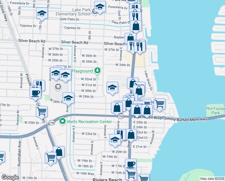 map of restaurants, bars, coffee shops, grocery stores, and more near 175 West 32nd Court in West Palm Beach