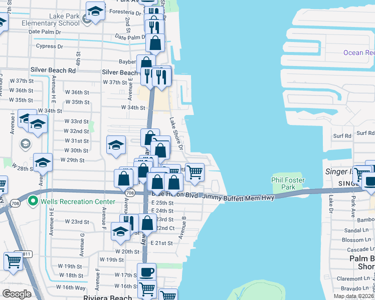 map of restaurants, bars, coffee shops, grocery stores, and more near 20 Helen Court in Riviera Beach