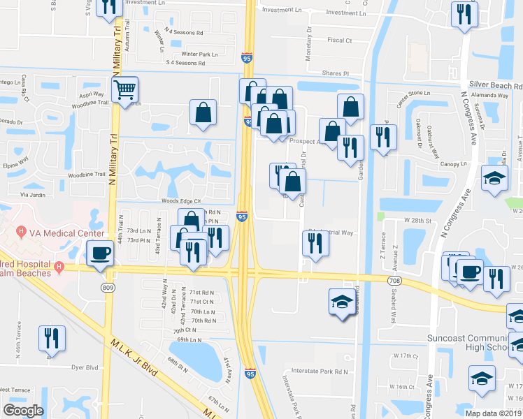map of restaurants, bars, coffee shops, grocery stores, and more near 7506 Byron Drive in Riviera Beach