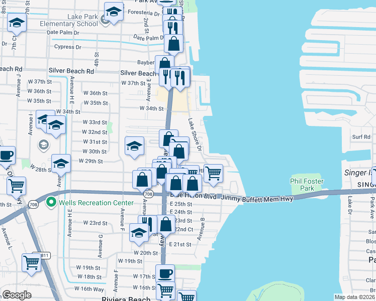 map of restaurants, bars, coffee shops, grocery stores, and more near 29 Helen Court in Riviera Beach