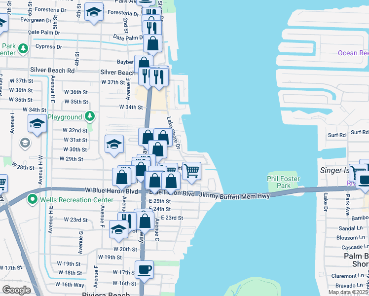 map of restaurants, bars, coffee shops, grocery stores, and more near 20 Helen Court in Riviera Beach