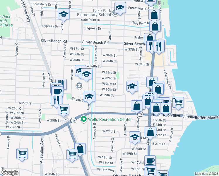 map of restaurants, bars, coffee shops, grocery stores, and more near 420 West 30th Street in West Palm Beach