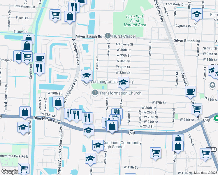 map of restaurants, bars, coffee shops, grocery stores, and more near 2940 Avenue S in West Palm Beach