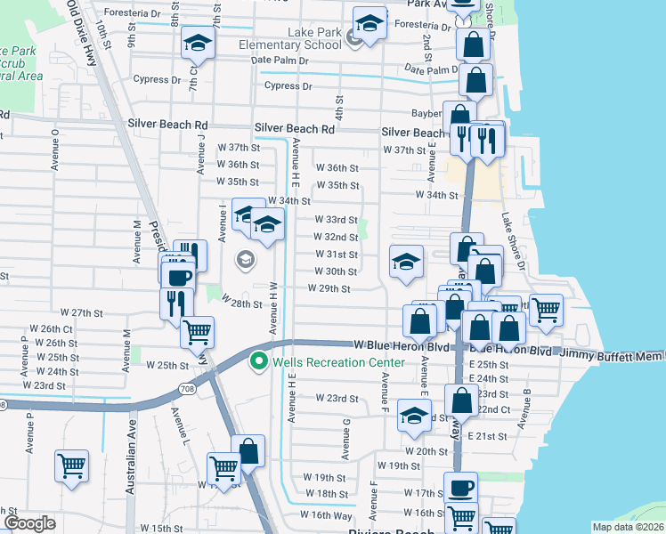 map of restaurants, bars, coffee shops, grocery stores, and more near 420 West 30th Street in West Palm Beach