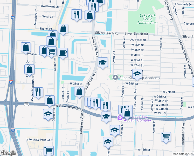 map of restaurants, bars, coffee shops, grocery stores, and more near 2906 Carvelle Drive in Riviera Beach
