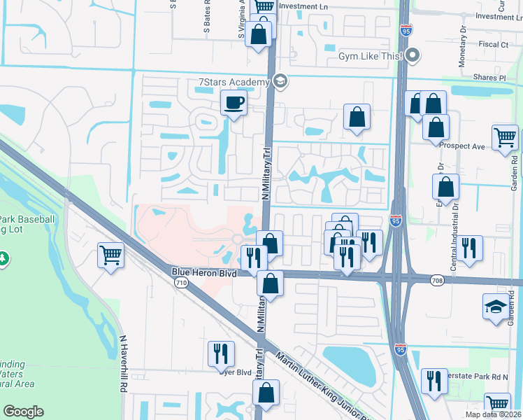 map of restaurants, bars, coffee shops, grocery stores, and more near 7501 North Military Trail in West Palm Beach