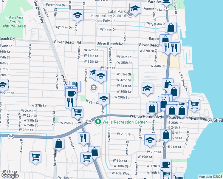 map of restaurants, bars, coffee shops, grocery stores, and more near 490 West 30th Street in West Palm Beach