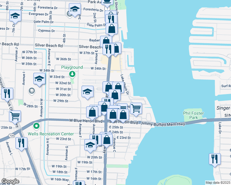 map of restaurants, bars, coffee shops, grocery stores, and more near 29 Helen Court in Riviera Beach