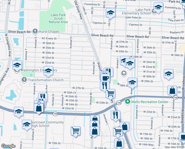map of restaurants, bars, coffee shops, grocery stores, and more near 1068 West 30th Street in West Palm Beach