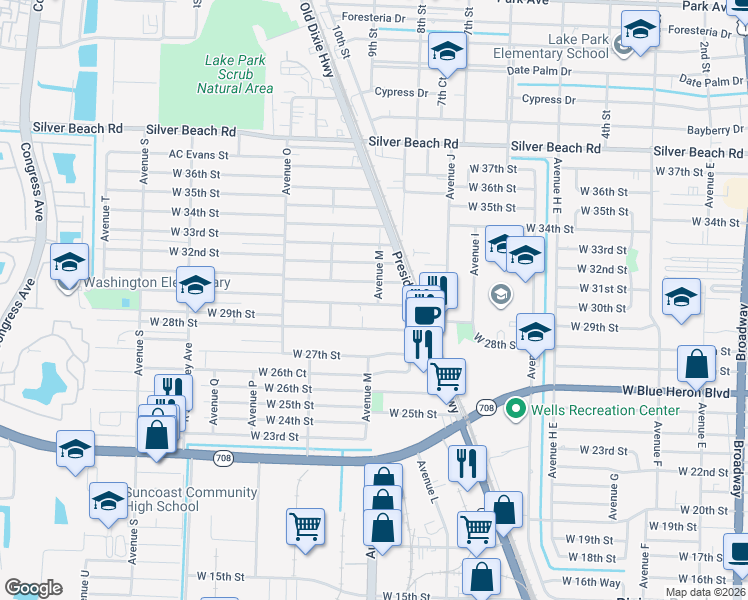 map of restaurants, bars, coffee shops, grocery stores, and more near 1068 West 30th Street in West Palm Beach