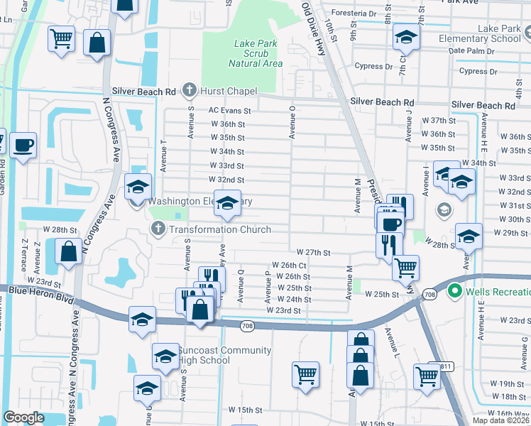 map of restaurants, bars, coffee shops, grocery stores, and more near 1373 West 30th Street in West Palm Beach