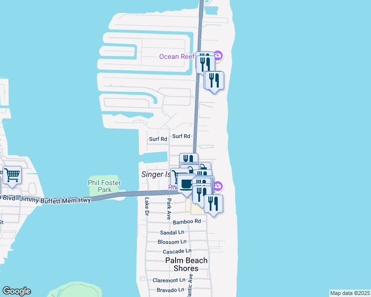 map of restaurants, bars, coffee shops, grocery stores, and more near 1273 North Harbor Drive in West Palm Beach