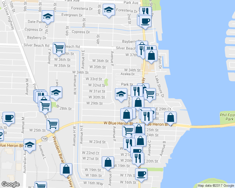 map of restaurants, bars, coffee shops, grocery stores, and more near 175 West 32nd Court in West Palm Beach
