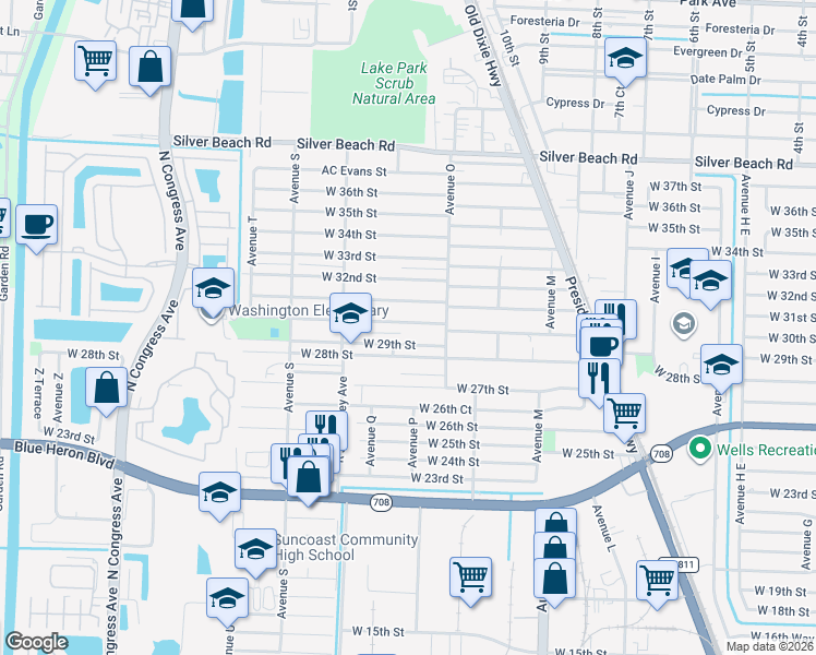 map of restaurants, bars, coffee shops, grocery stores, and more near 1373 West 30th Street in West Palm Beach